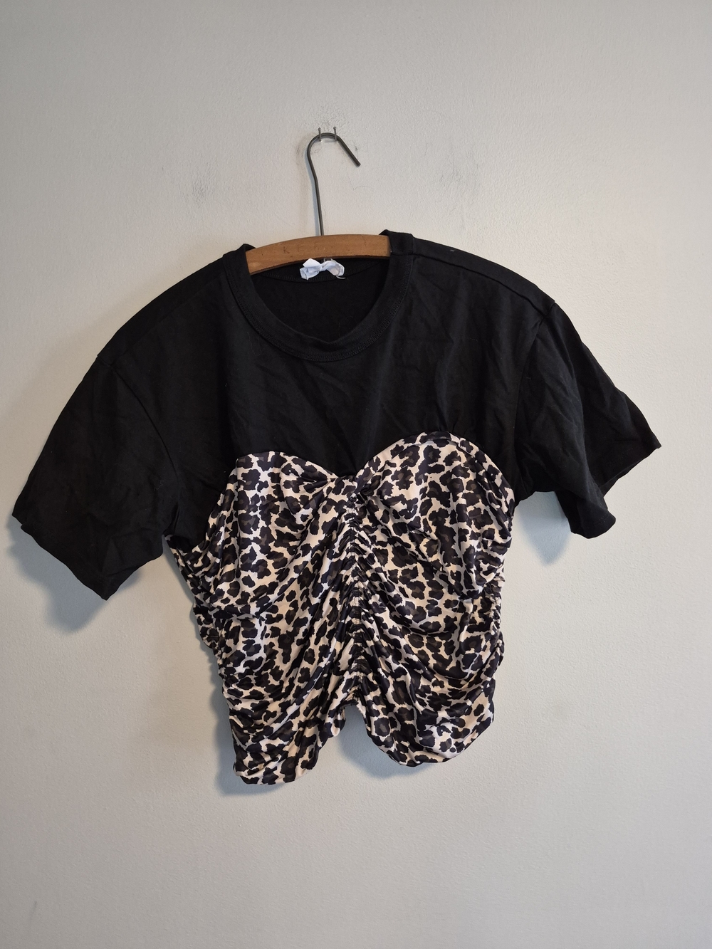 GREY LAB Medium Black Short Sleeve Crop Top with Leopard Ruched Bustier Overlay
